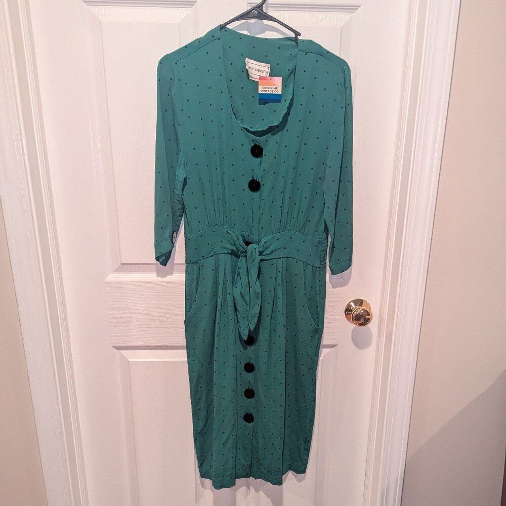 Karin Stevens Green & Black Polka Dot‎ Vintage Button Midi Dress